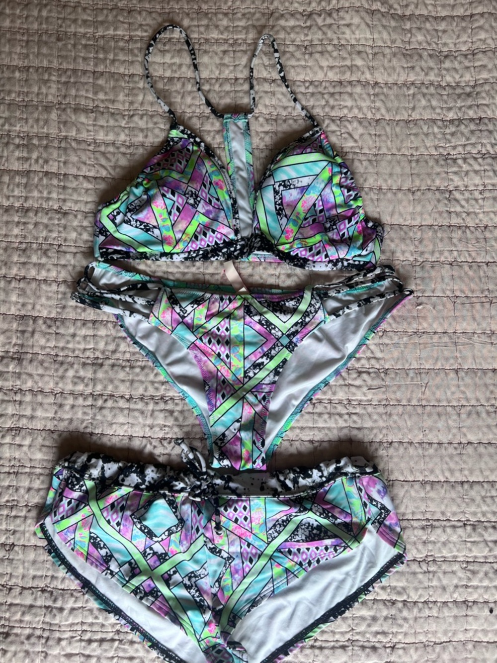 Victoria's Secret Multicolor Geometric Print Bikini Set - Pink, Mint, Purple